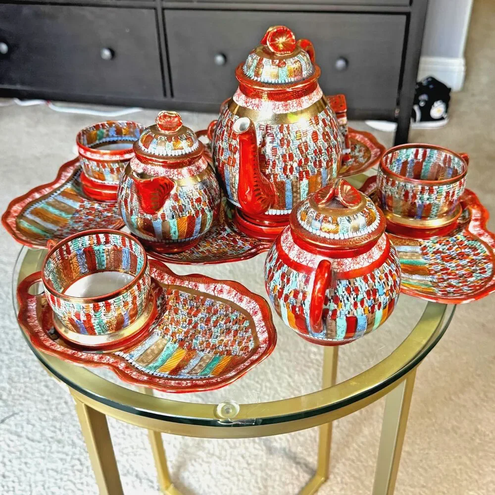 Vintage Antique Japanese Thousand Faces Piece Porcelain Tea Set 15Pcs